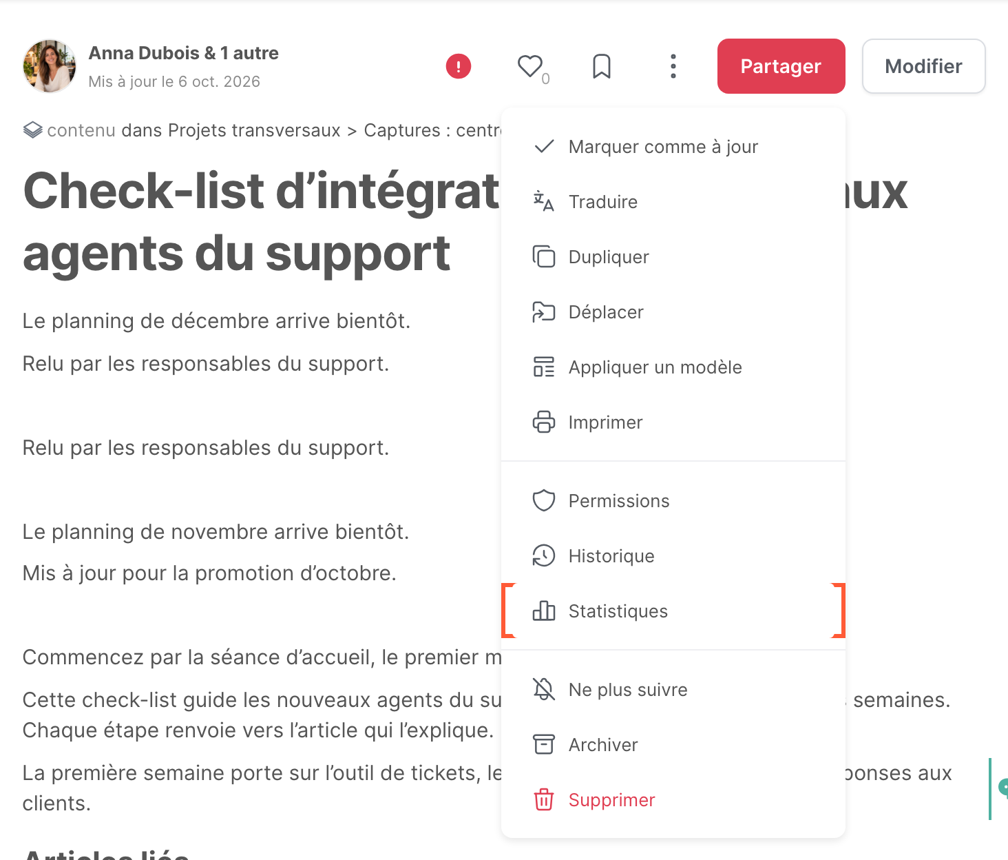 Le menu d’un article, avec l’option Statistiques
