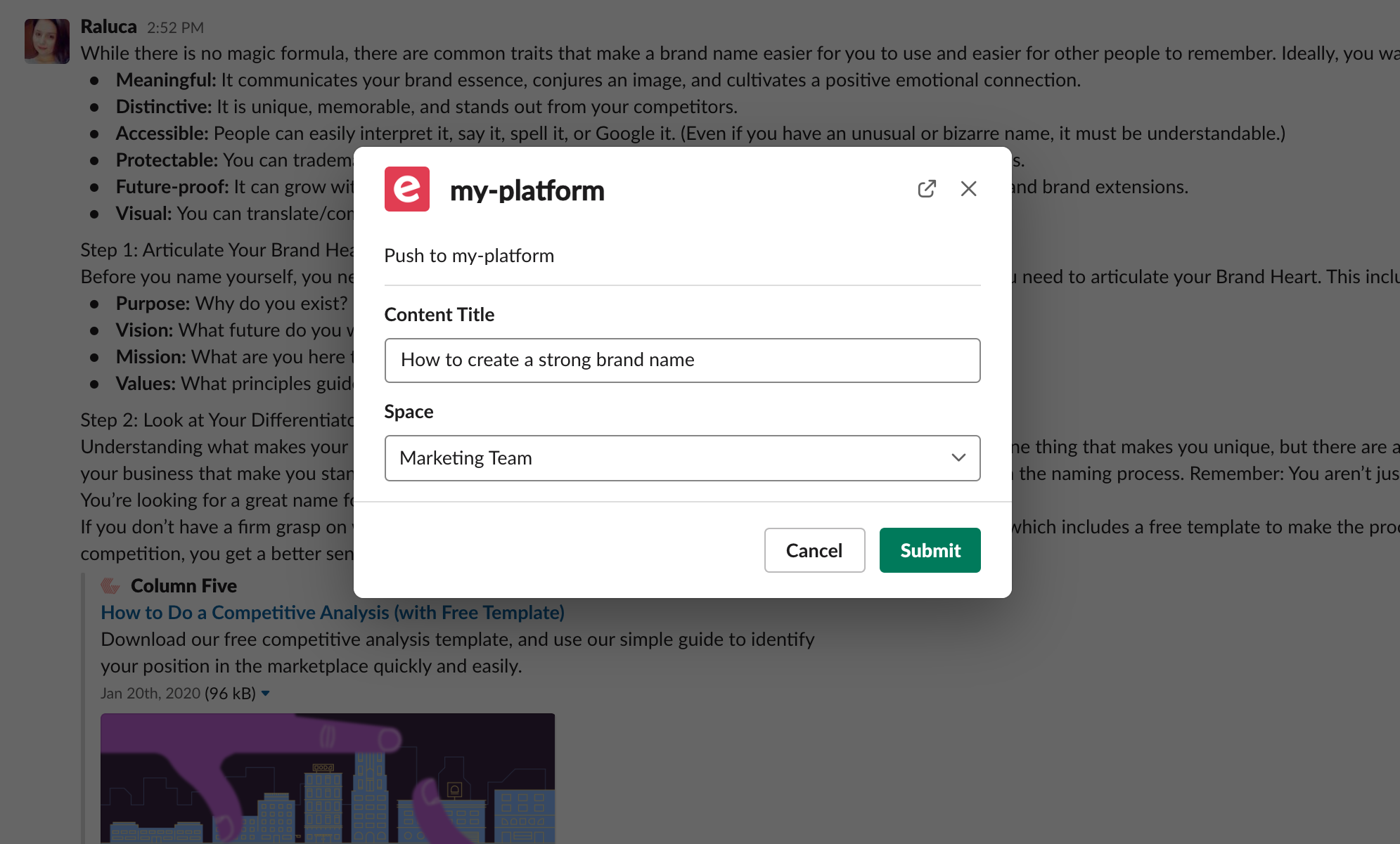 The Slack window to add a message to Elium, with the Content Title and Space fields