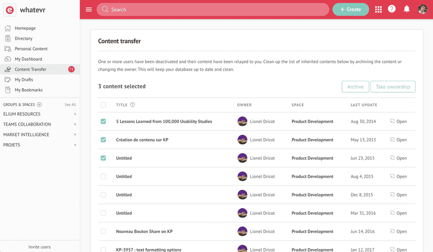 Menu du transfert de contenu