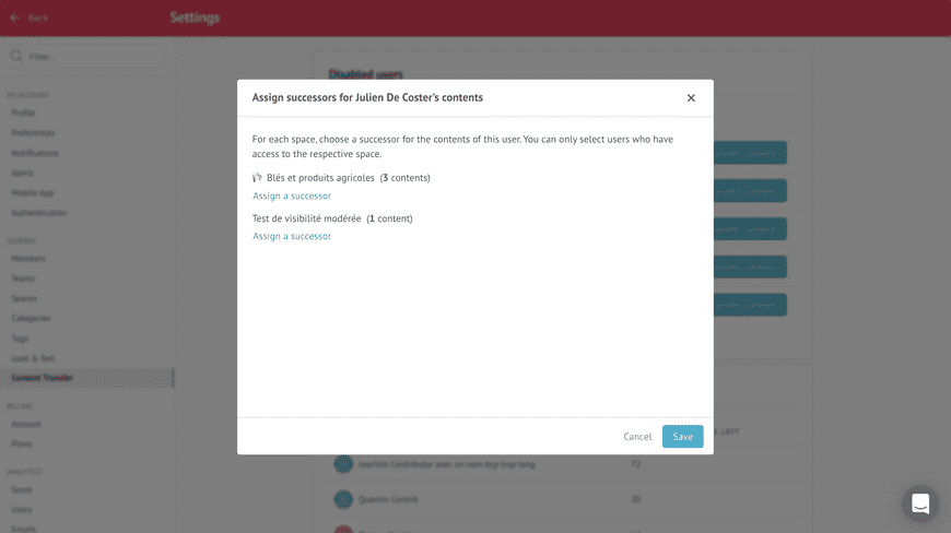 Menu du transfert de contenu