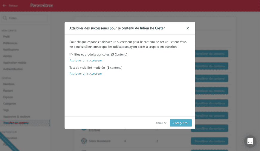 Menu du transfert d’articles
