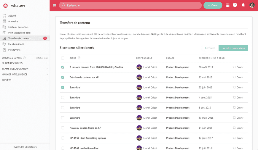 Menu du transfert d’articles