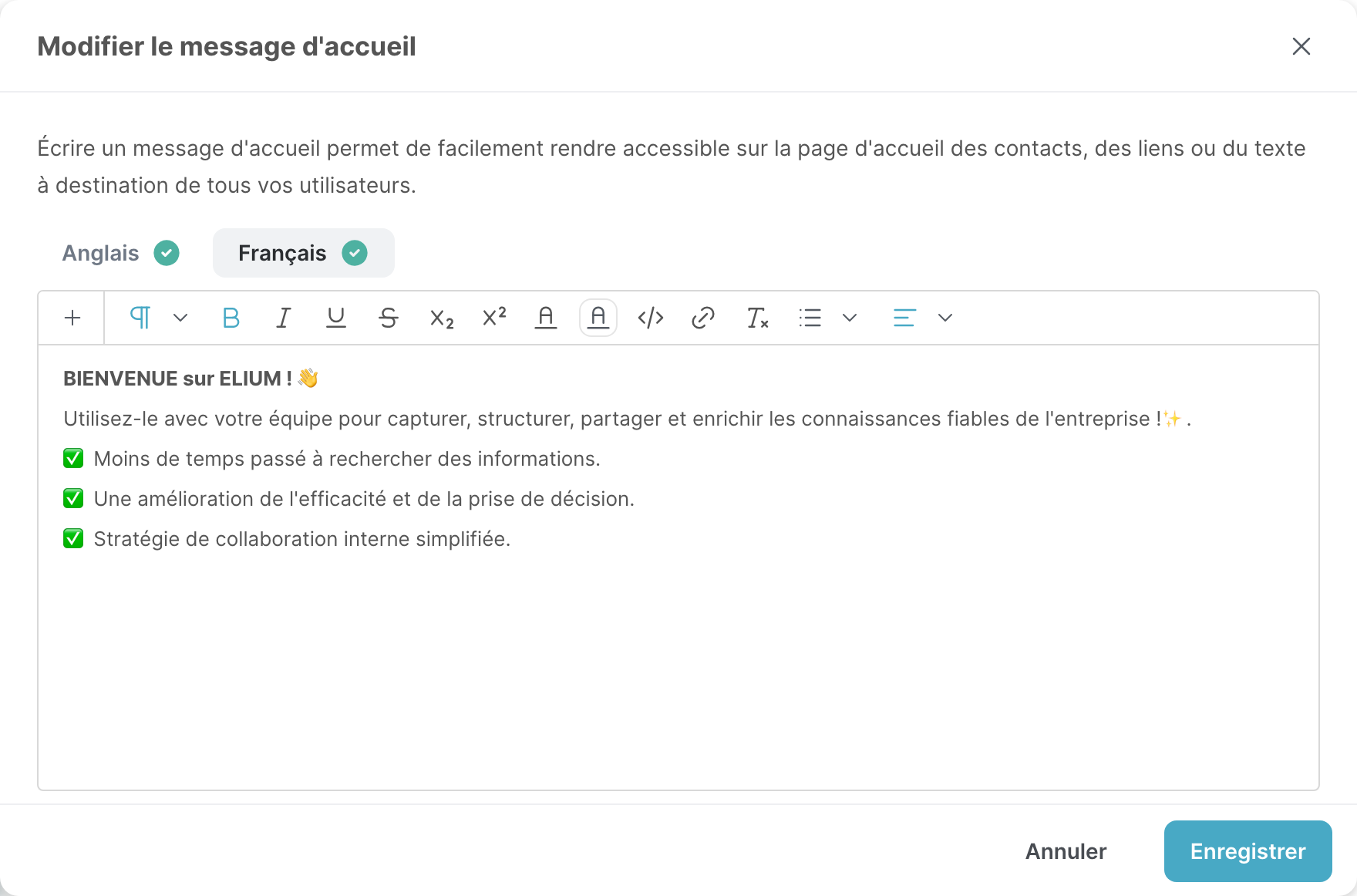 La fenêtre Modifier le message d’accueil, avec un onglet par langue
