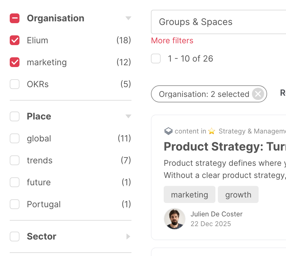 Two tags ticked in the Organisation category, with 26 results