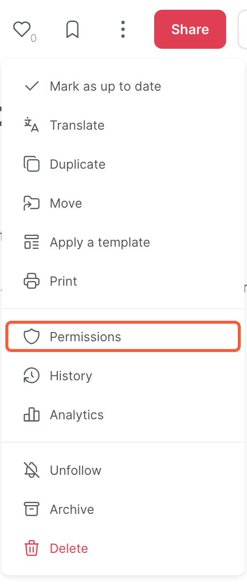 The menu of an article, with the Permissions option