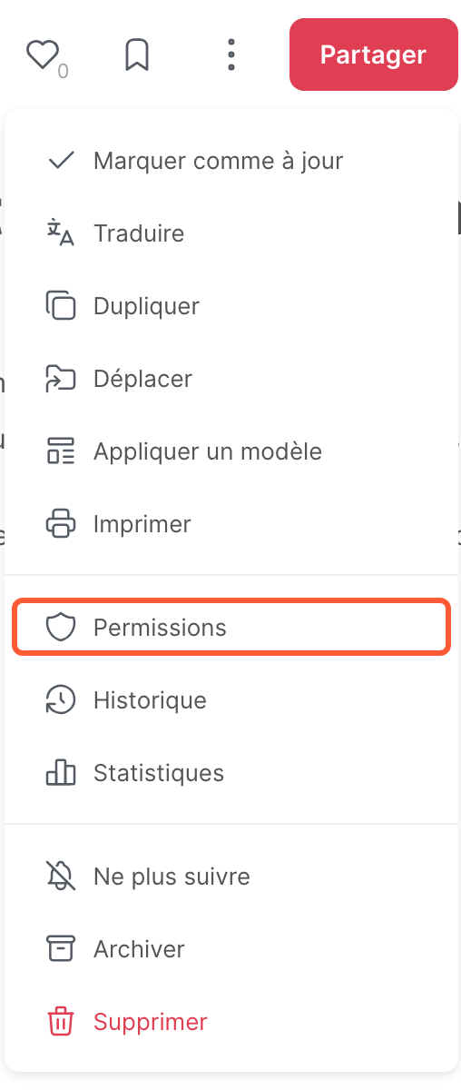 Le menu d’un article, avec l’option Permissions