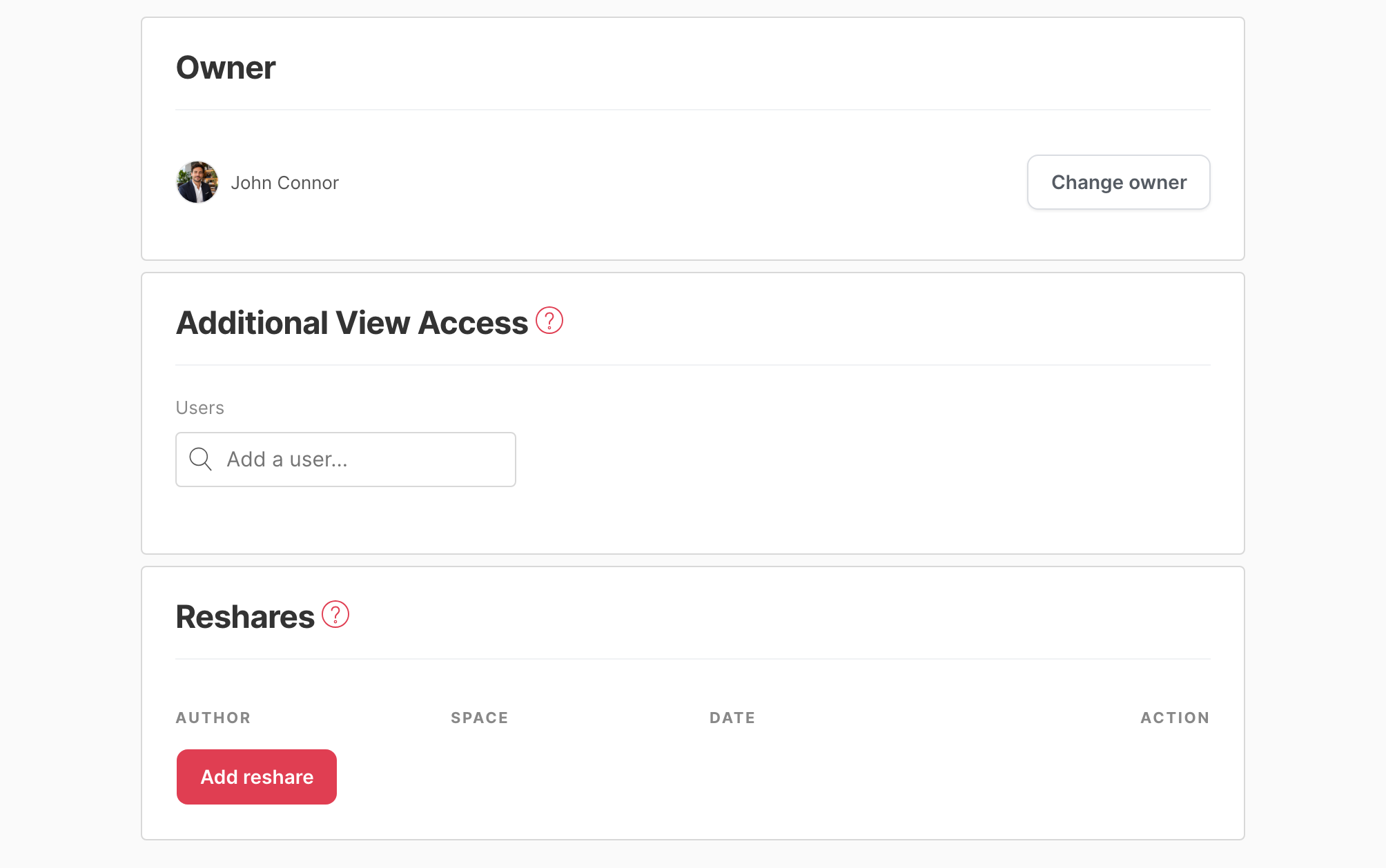 The Permissions page, with the Owner, Additional View Access and Reshares sections