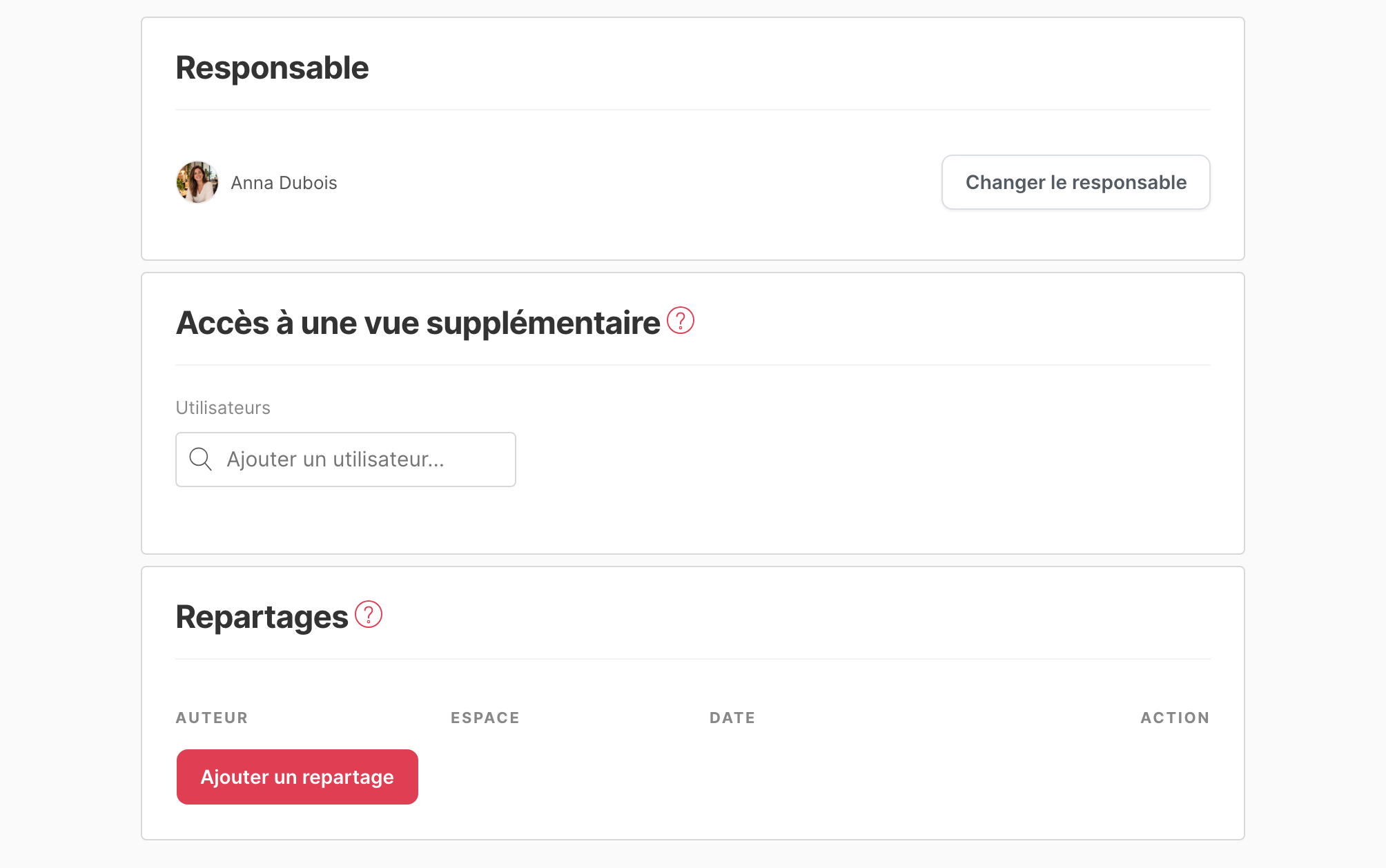 La page Permissions, avec les parties Responsable, Accès à une vue supplémentaire et Repartages