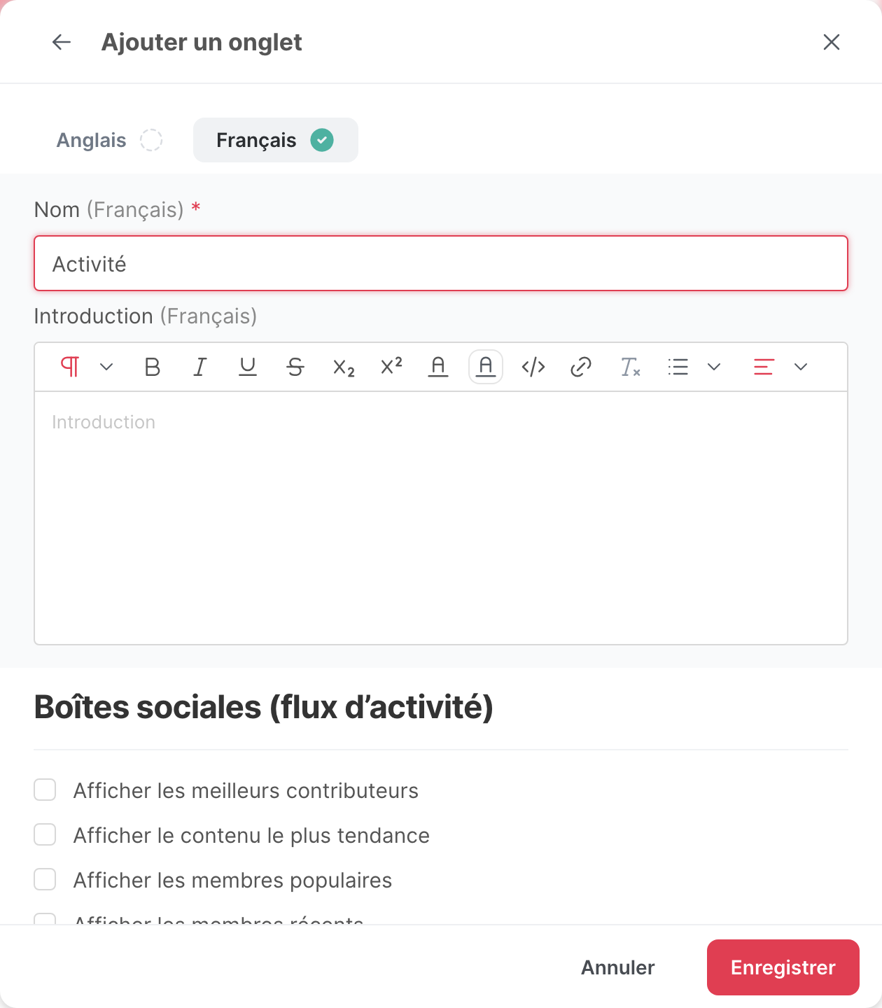 La fenêtre d’un onglet d’activité