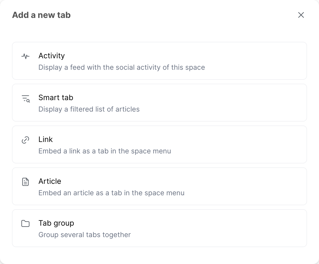 The Add a new tab window, with the five types of tabs