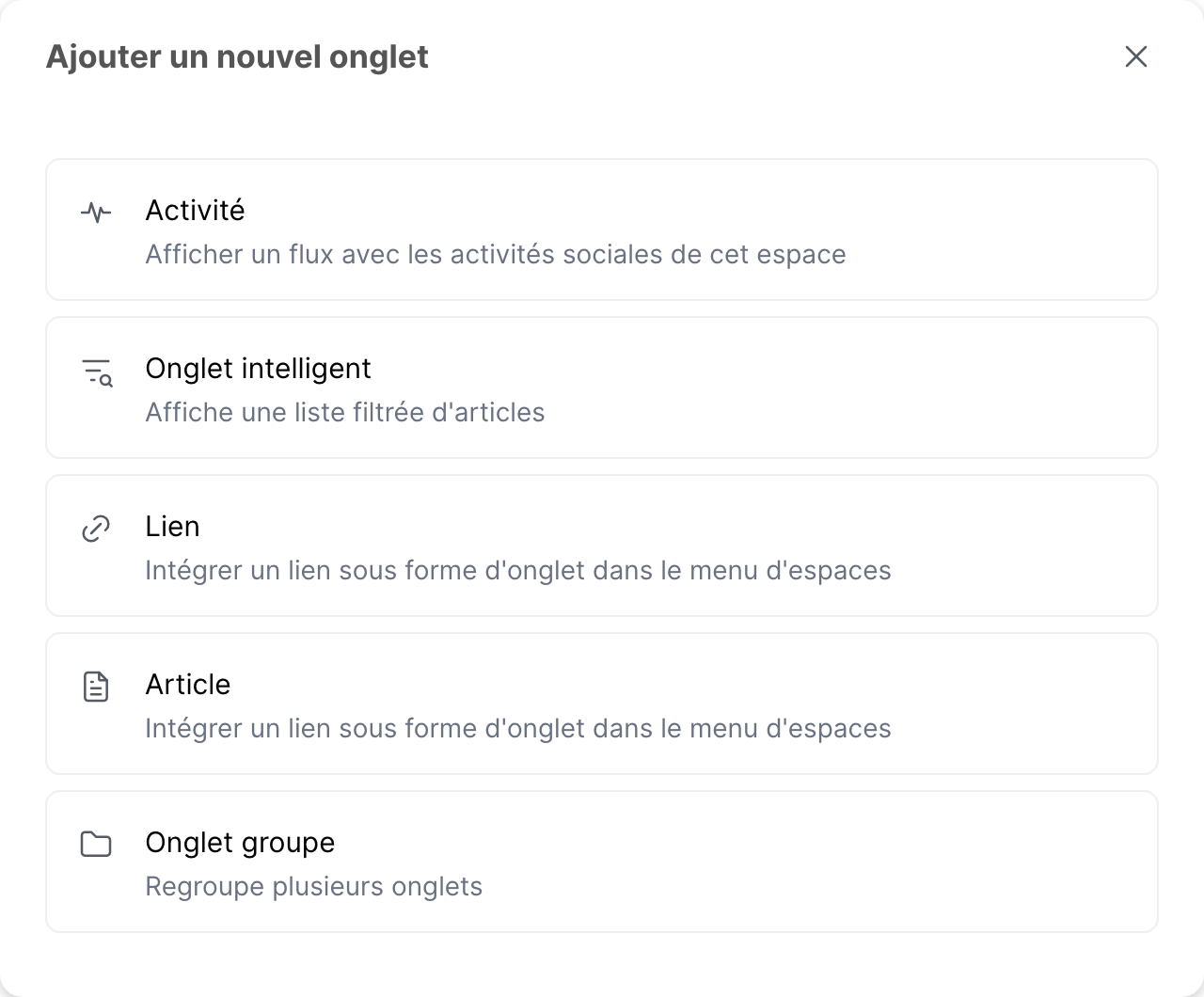 La fenêtre Ajouter un nouvel onglet, avec les cinq types d’onglets