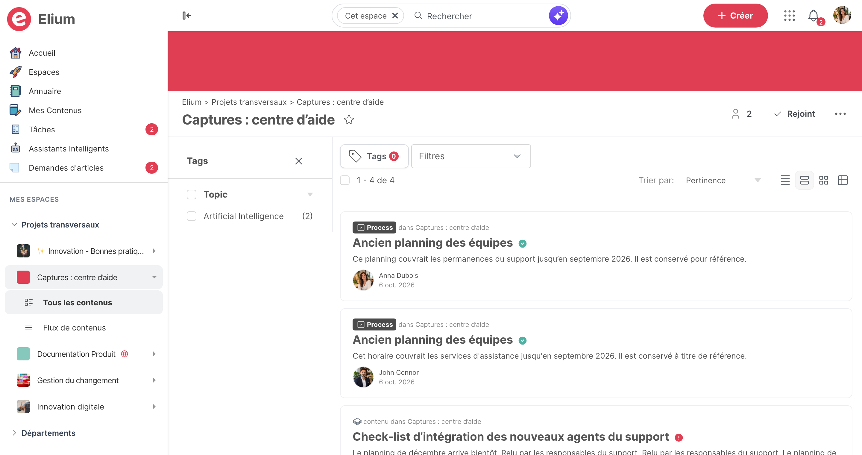 L’onglet Tous les contenus d’un espace