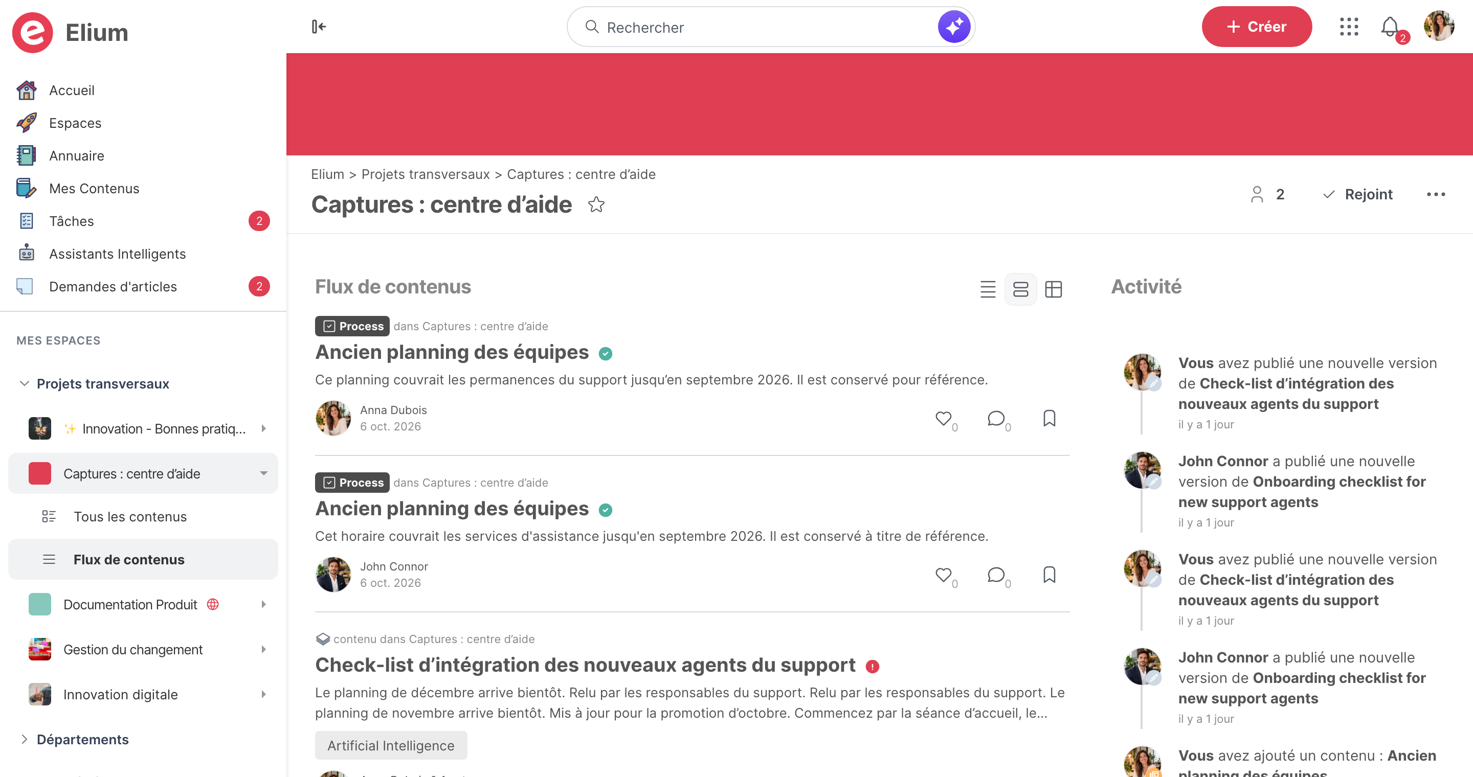 L’onglet Flux de contenus d’un espace