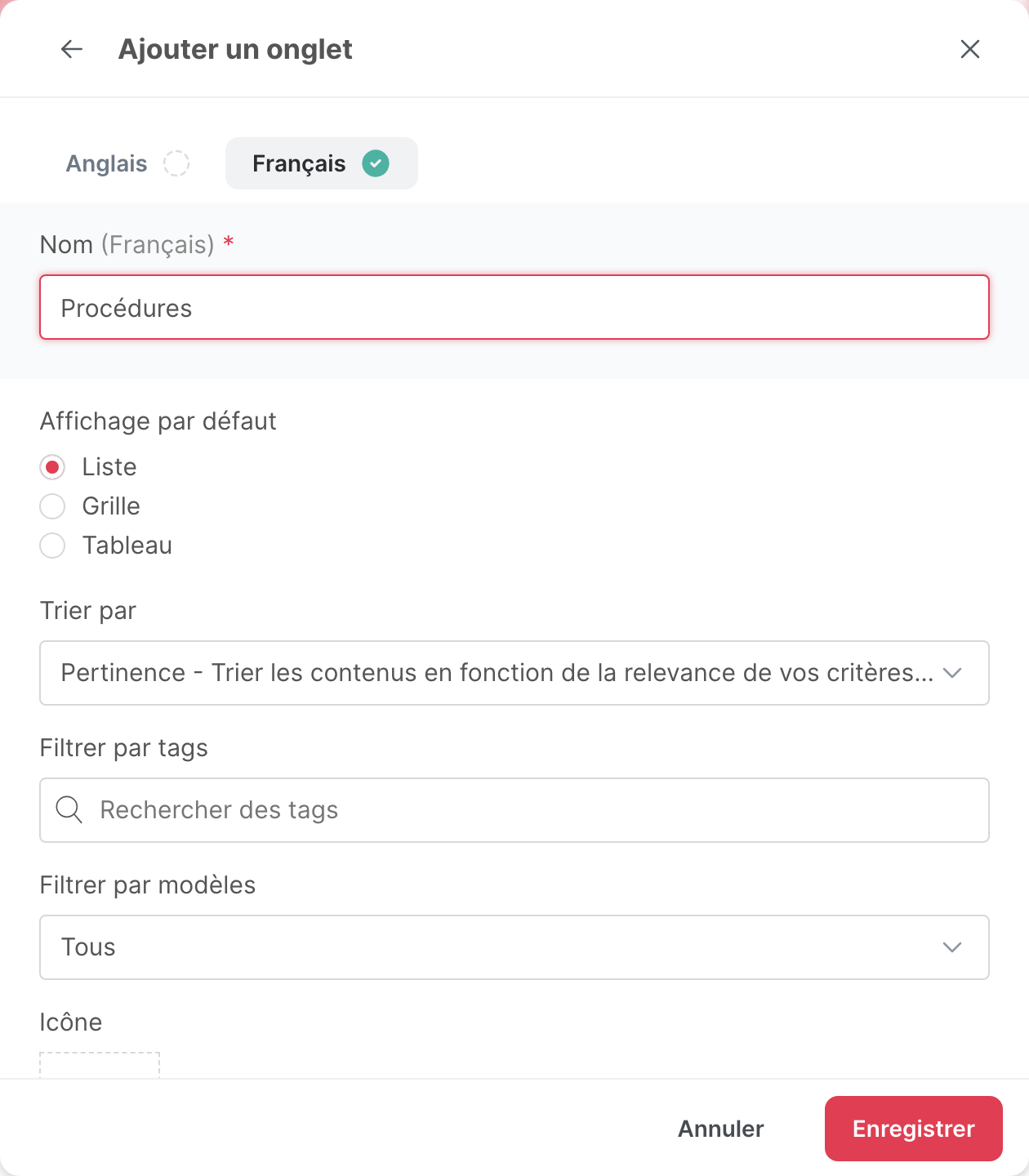 La fenêtre d’un onglet intelligent