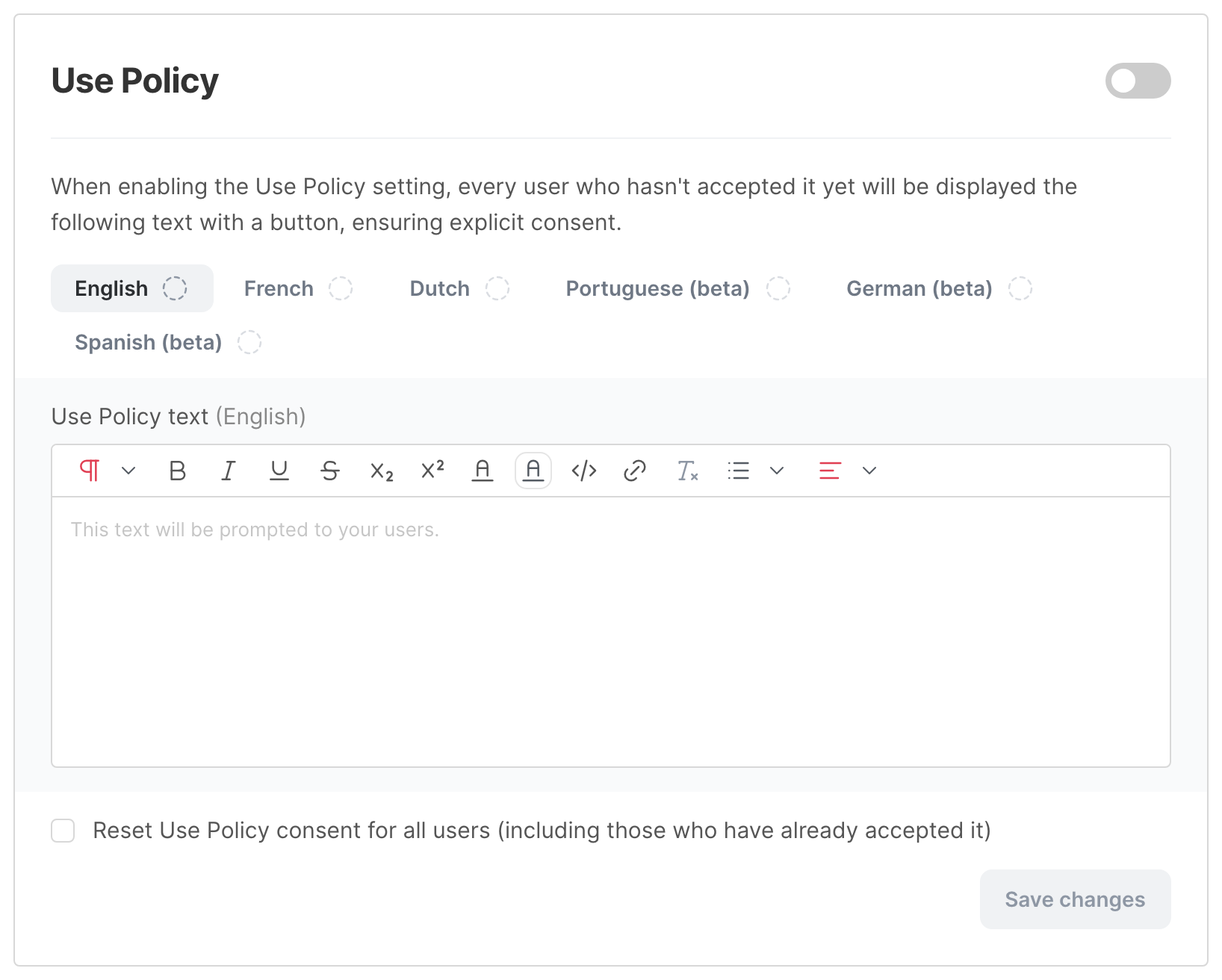The Use Policy settings, with the language tabs and the text box