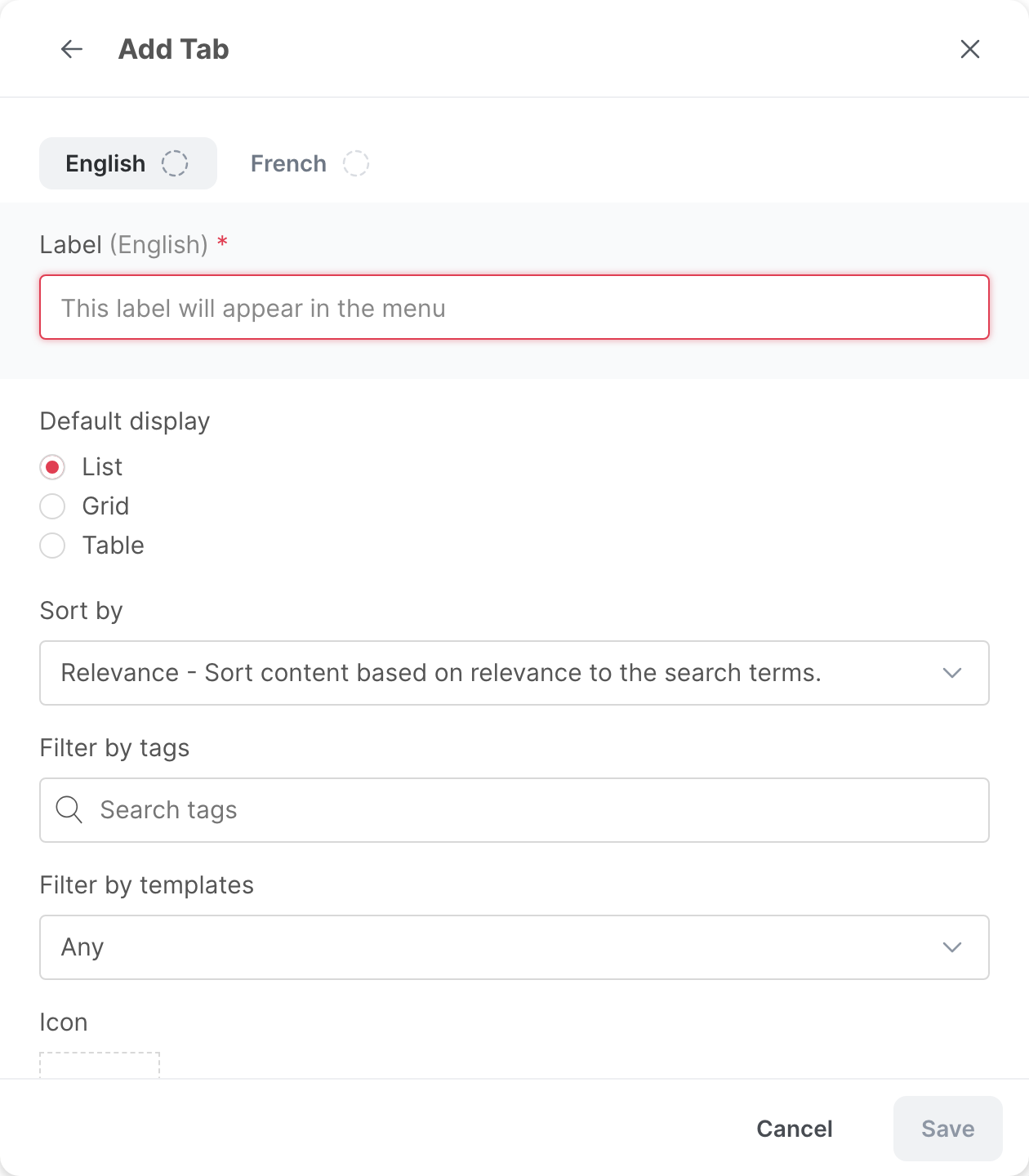 The Add Tab window of a Smart tab, with the display, sort and filter settings