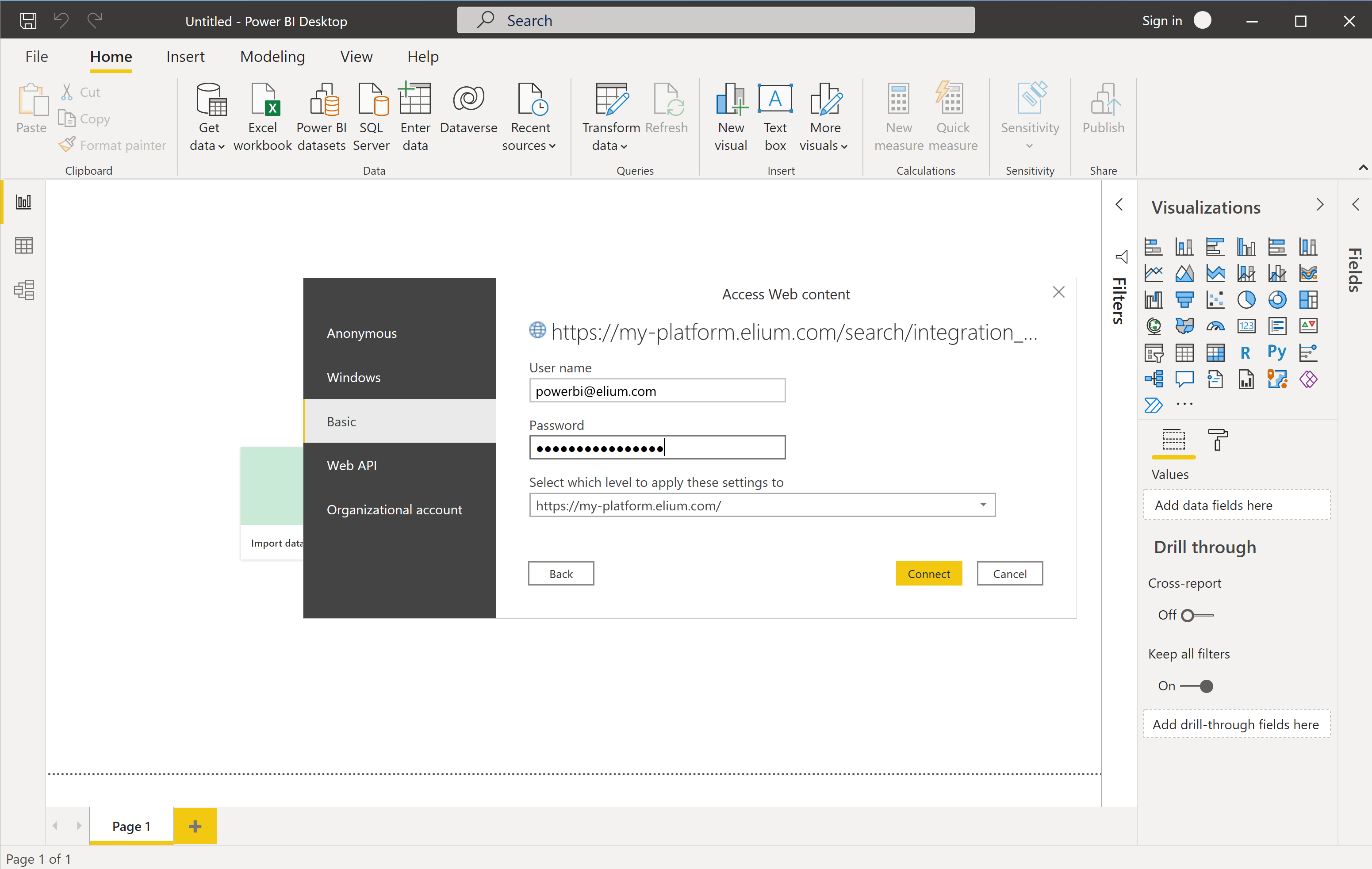 The Access Web content window in Power BI, with Basic selected and the email address and password of the dedicated account filled in