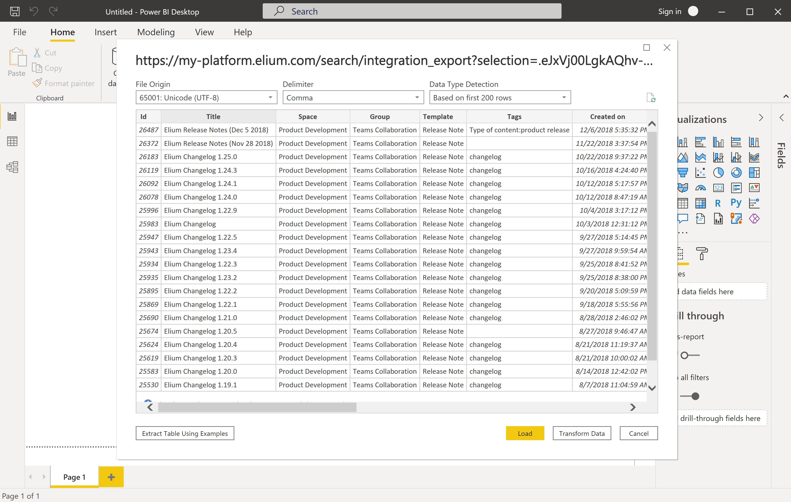 The preview of the exported metadata in Power BI: ID, title, space, group, template, tags and creation date