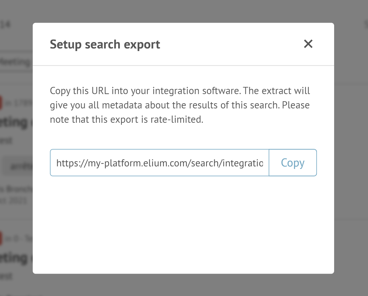 The Setup search export window, with the URL and the Copy button