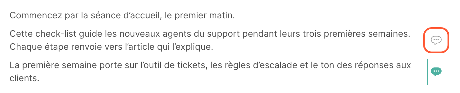 Un paragraphe d’un article, avec l’icône en forme de bulle pour ajouter une annotation