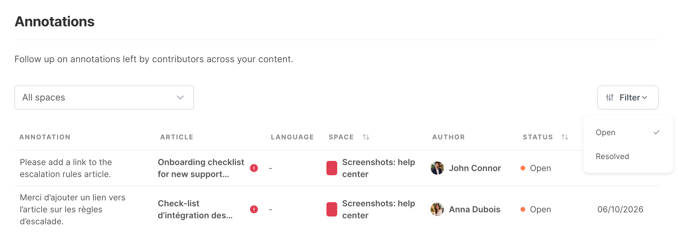 The Annotations page of the settings, with the Filter menu open