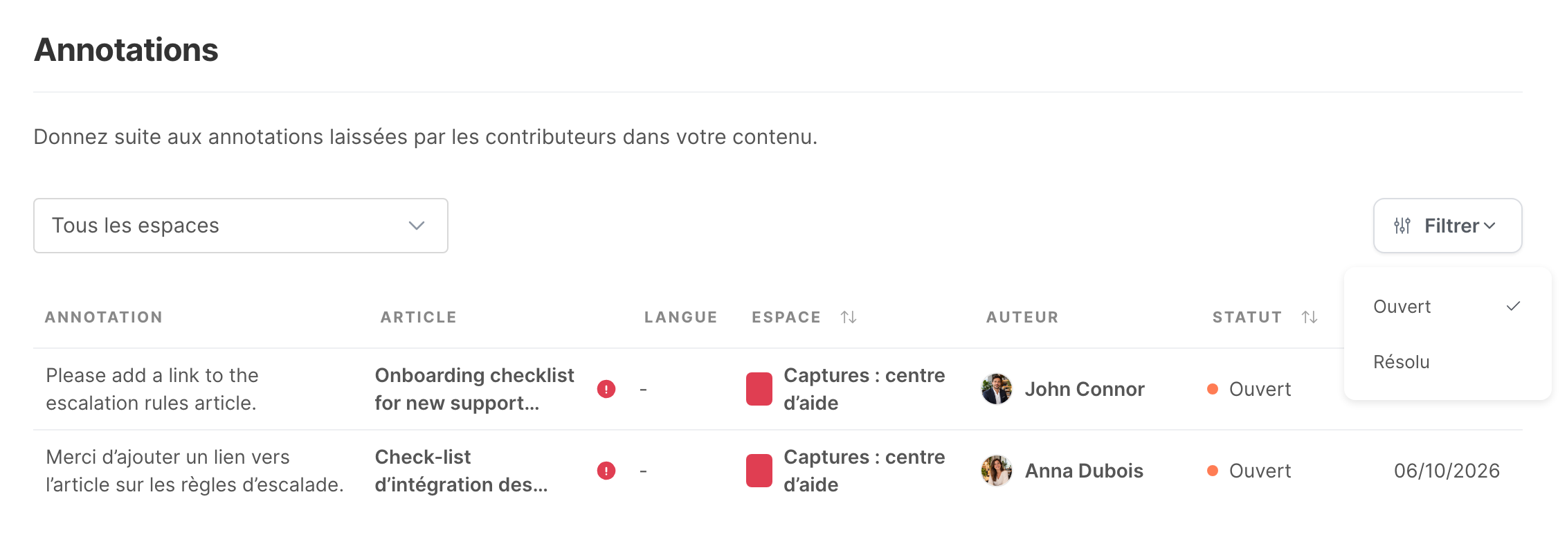 La page Annotations des paramètres, avec le menu Filtrer ouvert