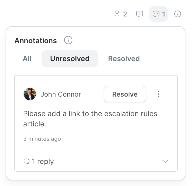 The Annotations panel of an article, with the Unresolved tab selected