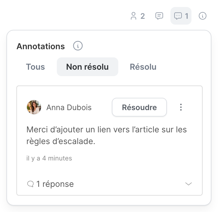Le panneau Annotations d’un article, avec l’onglet Non résolu sélectionné