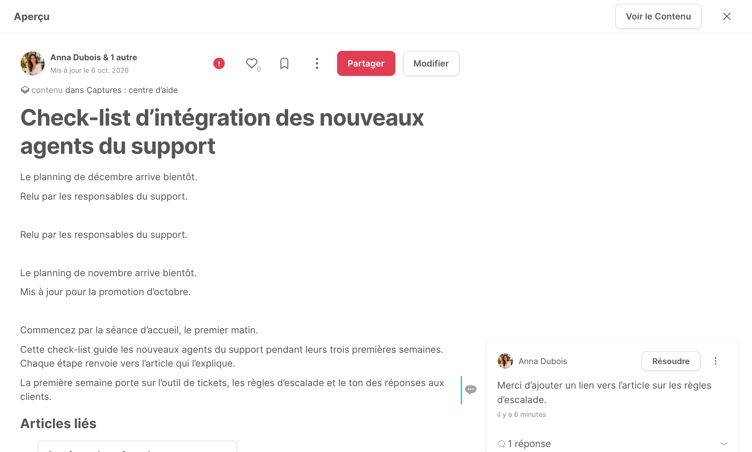 Le panneau Aperçu, avec l’article et la carte de l’annotation