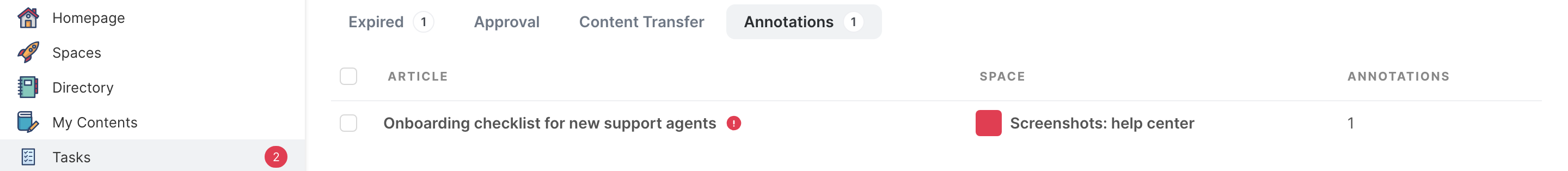 The Annotations tab of the Tasks page