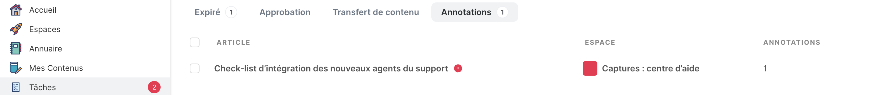 L’onglet Annotations de la page Tâches