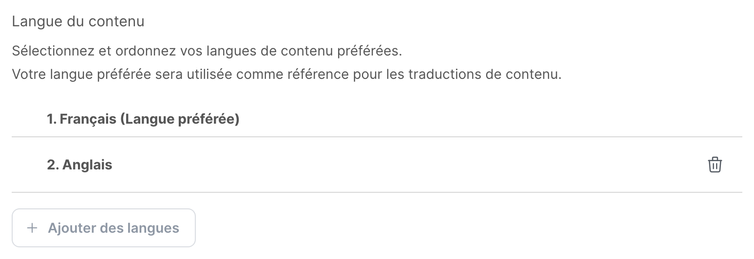 Le paramètre Langue du contenu, avec le français en langue préférée