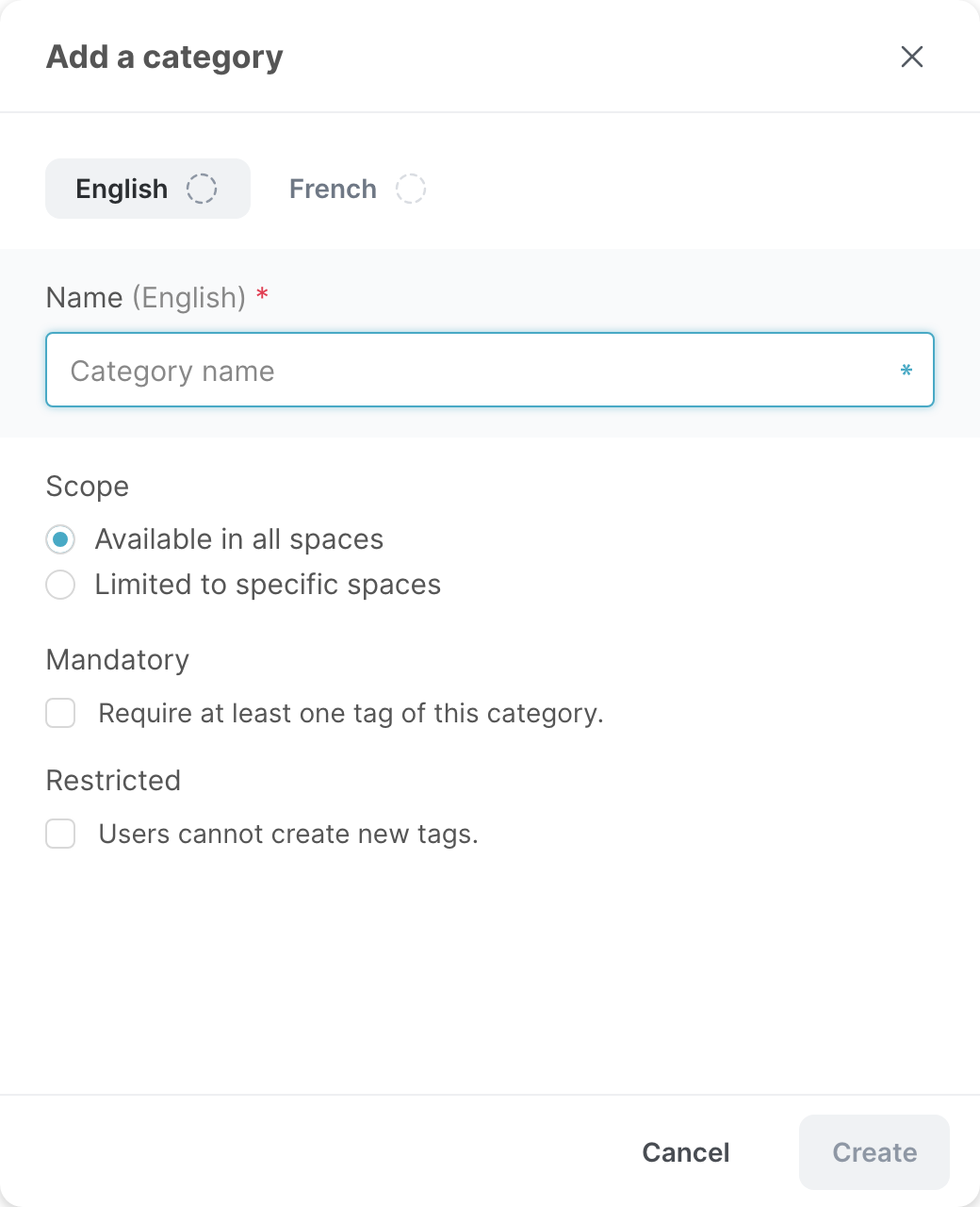 The Add a category window, with the name, scope, mandatory and restricted options
