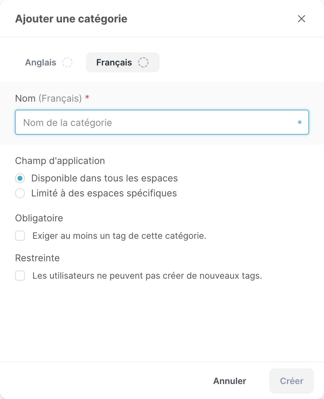La fenêtre Ajouter une catégorie, avec le nom, le champ d’application et les options obligatoire et restreinte