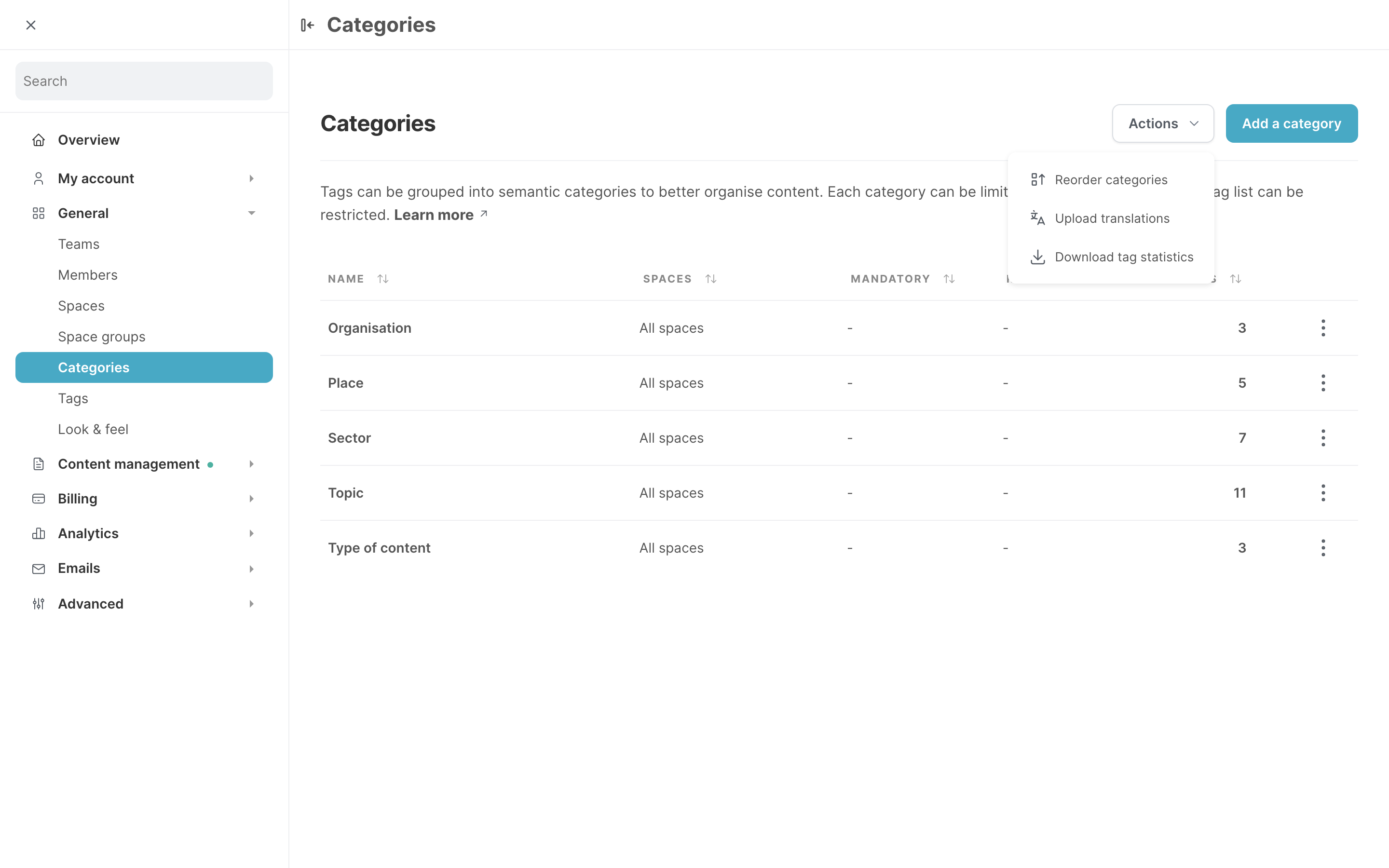 The Categories page, with the Actions menu open