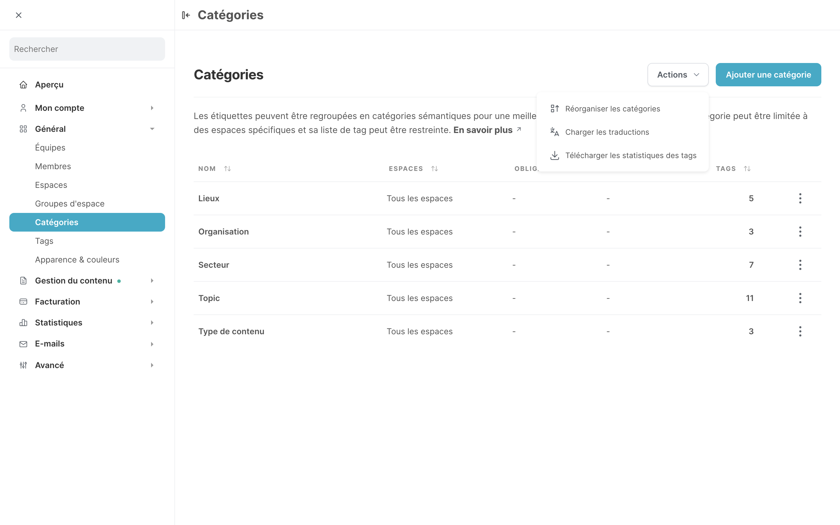 La page Catégories, avec le menu Actions ouvert