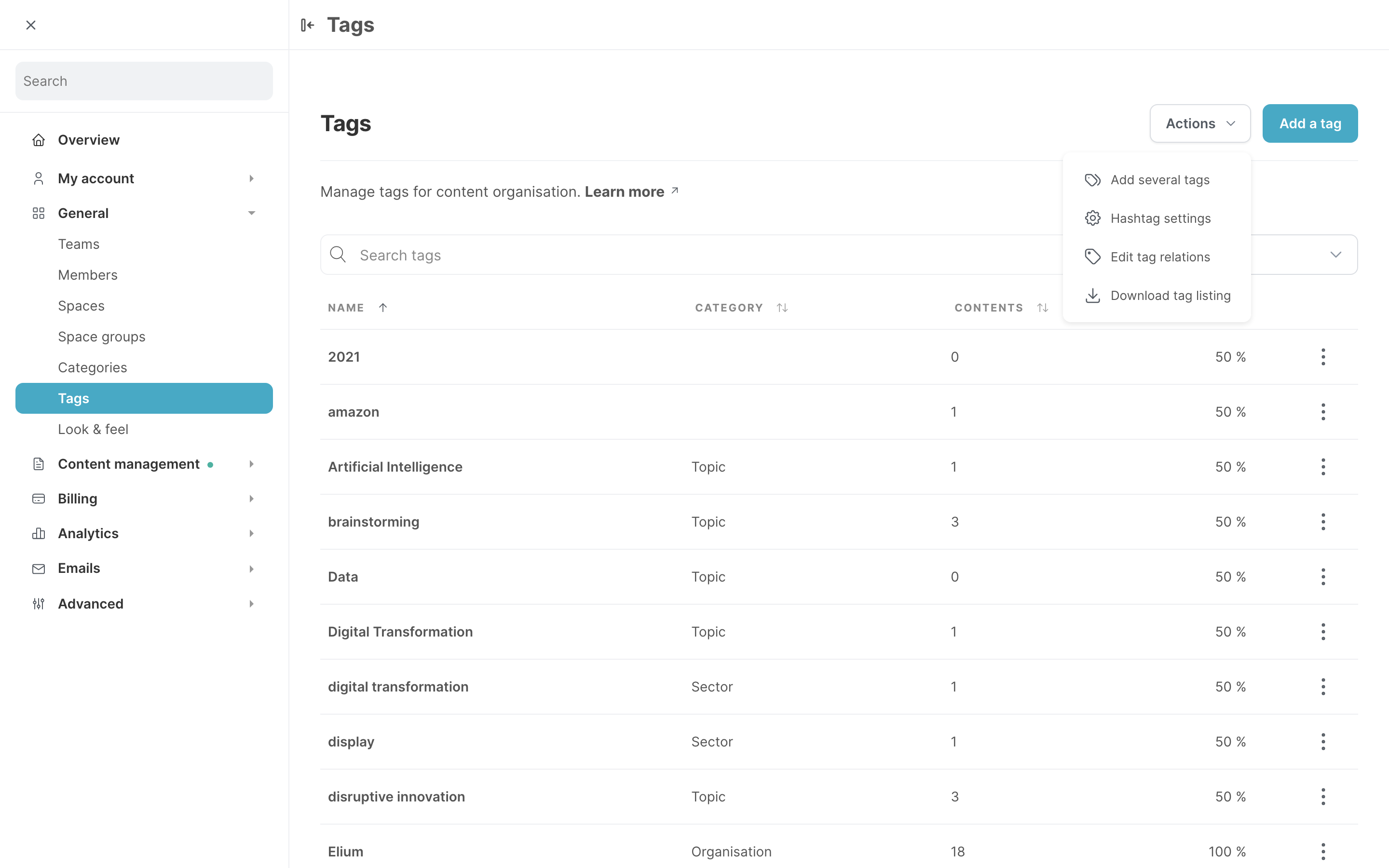 The Tags page, with the Actions menu open