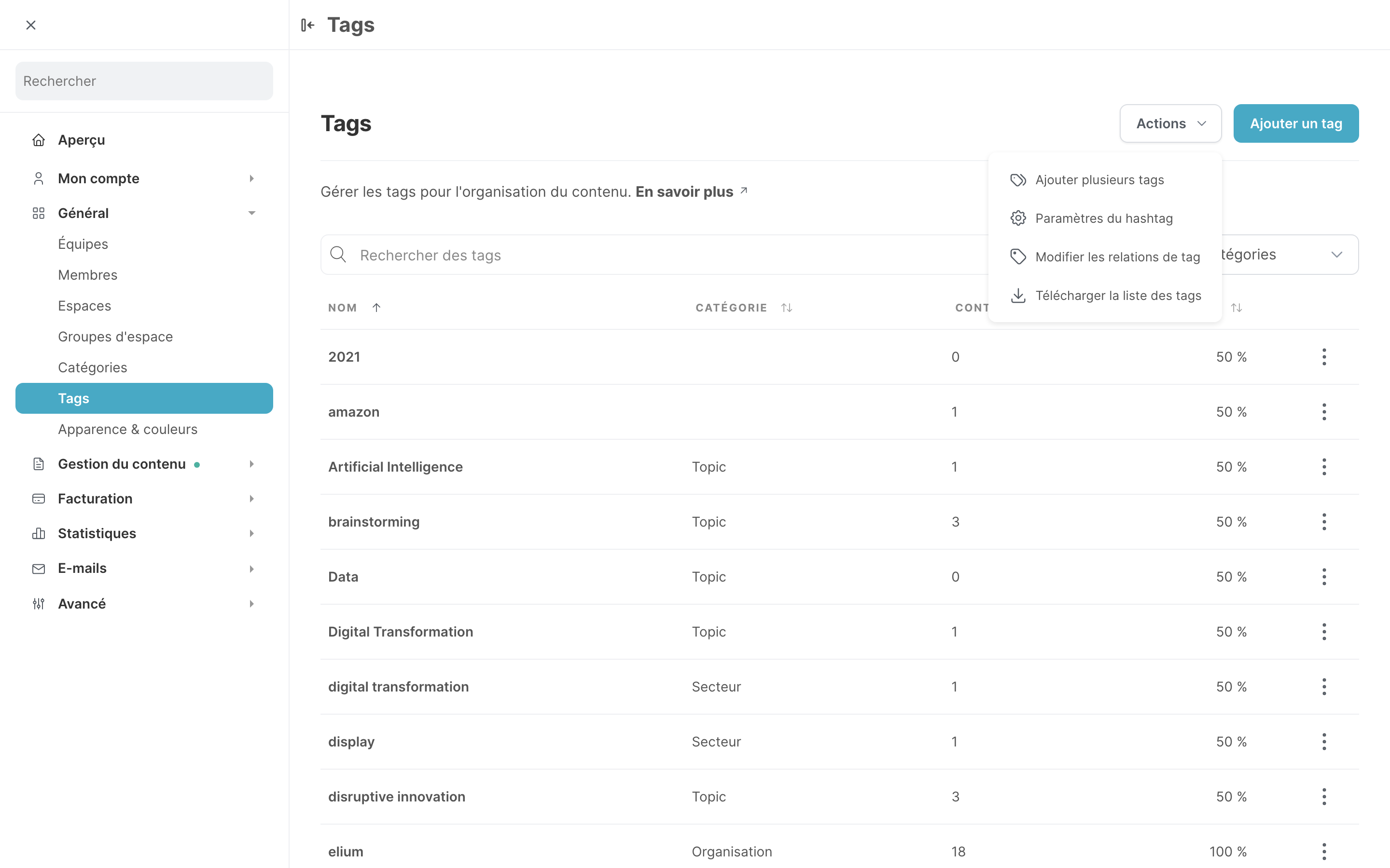 La page Tags, avec le menu Actions ouvert