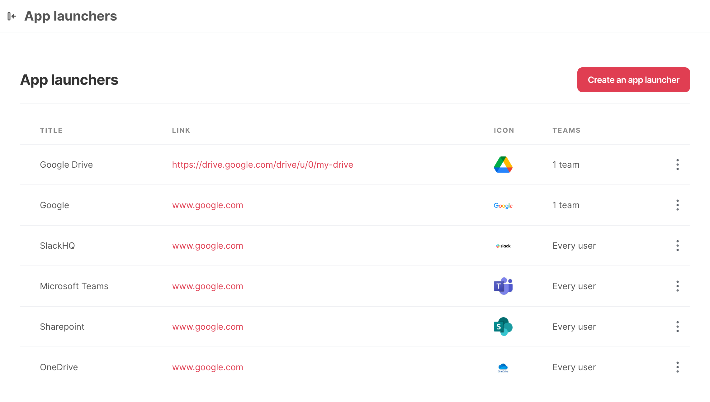 The App launchers page of the settings