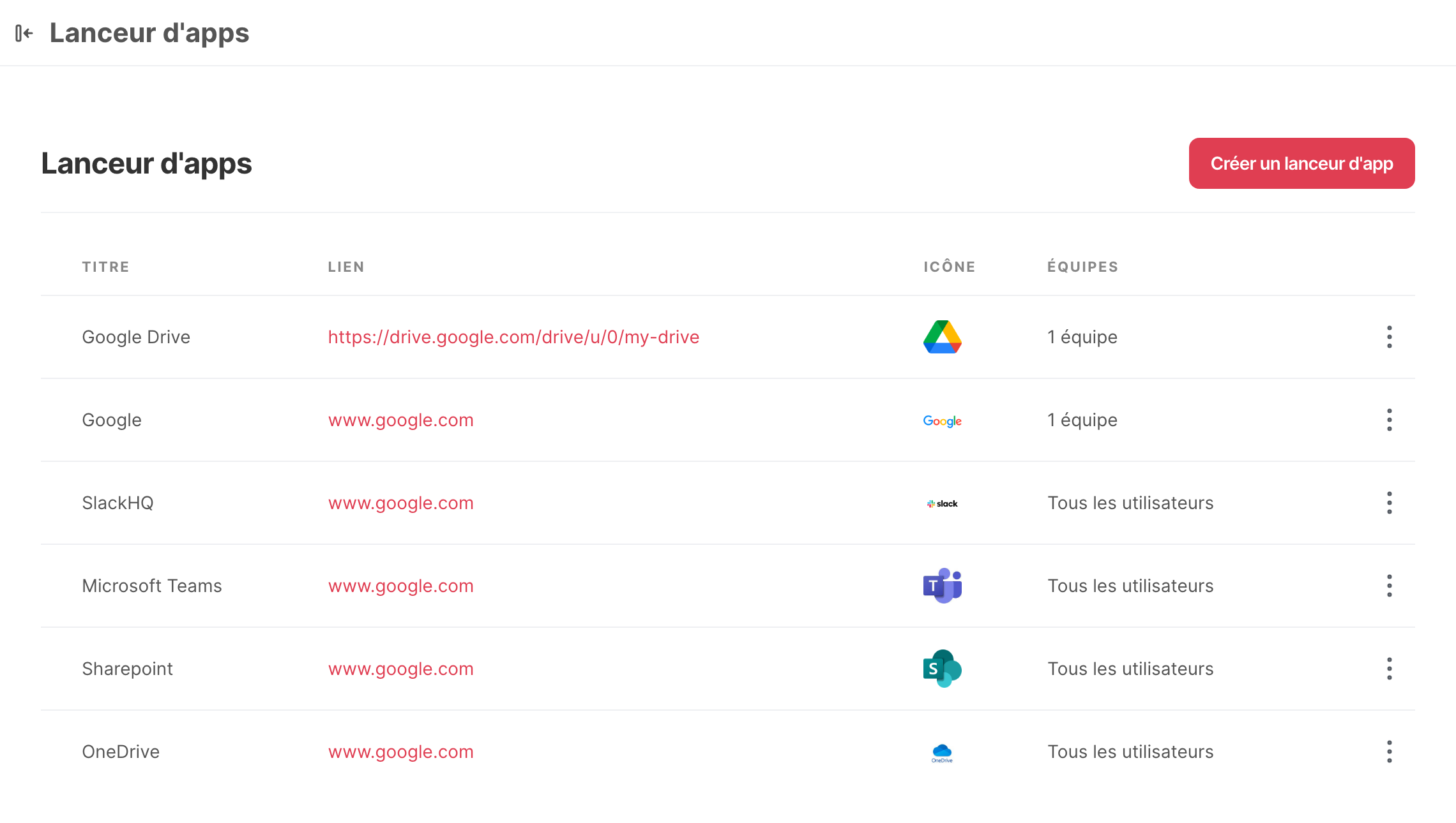 La page des lanceurs d’applications dans les paramètres