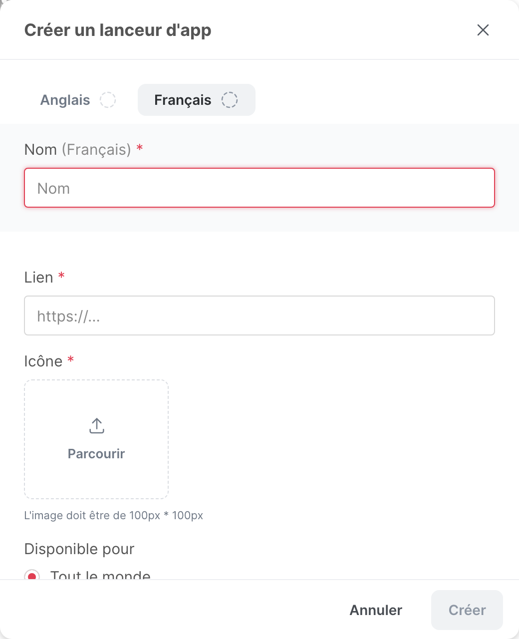 La fenêtre Créer un lanceur d’app