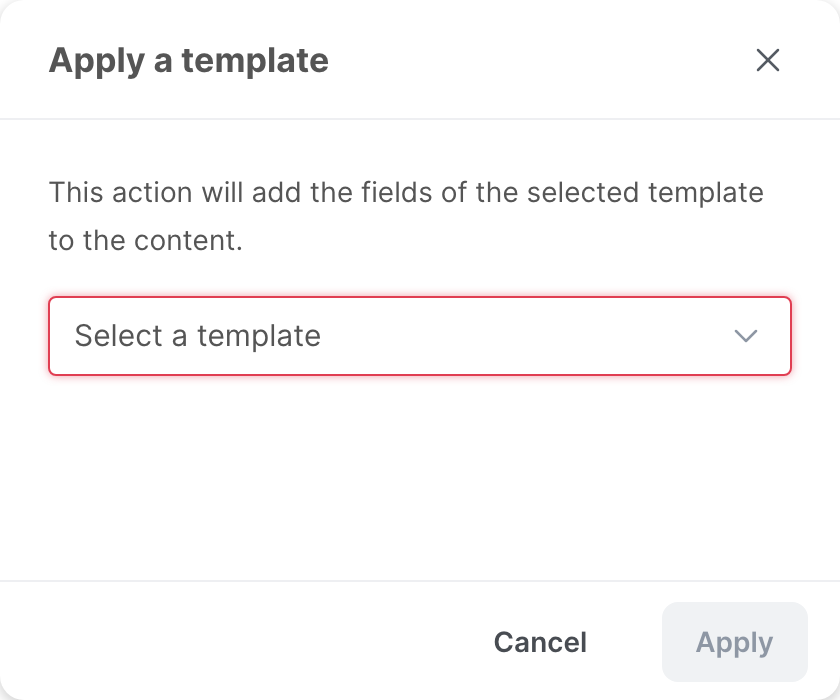 The Apply a template window, with the list of templates