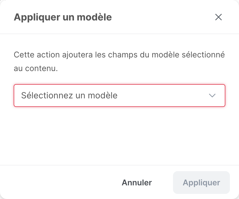 La fenêtre Appliquer un modèle, avec la liste des modèles