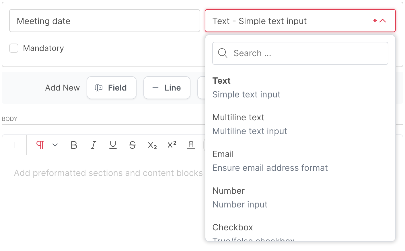 A new field, with the list of field types open