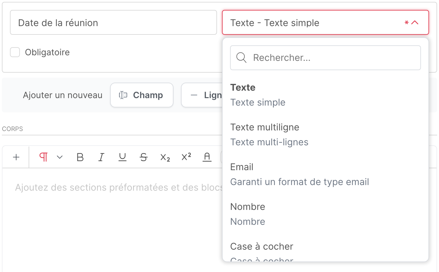 Un nouveau champ, avec la liste des types de champ ouverte