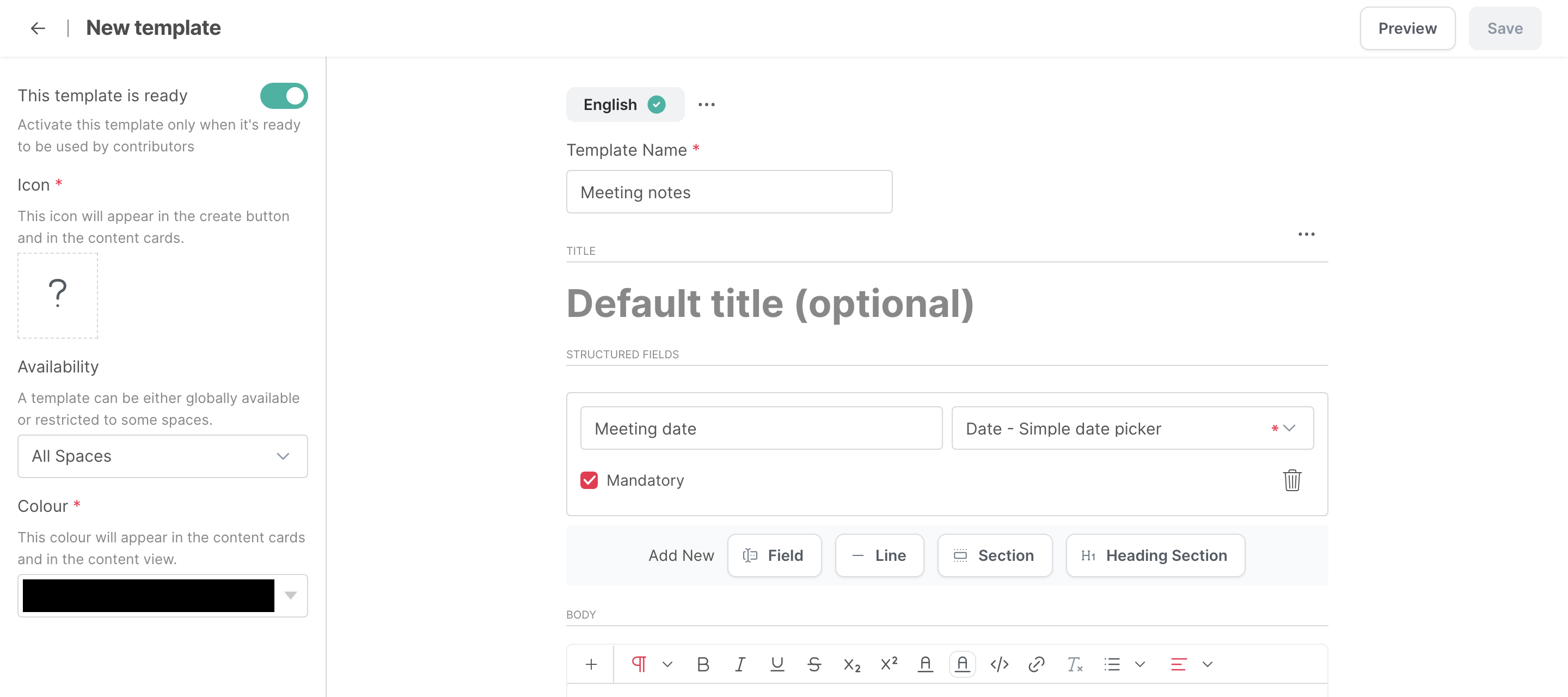 The template builder, with the settings on the left and the name, title, structured fields and body on the right