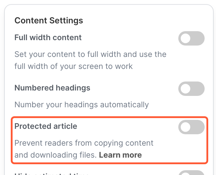 The content settings, with the Protected article option