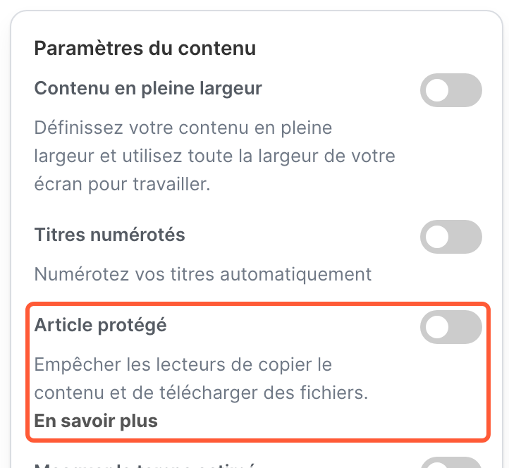 Les paramètres du contenu, avec l’option Article protégé