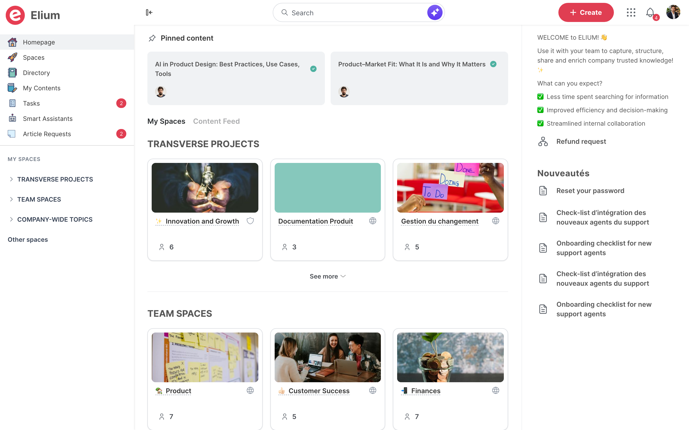 The homepage, with pinned content, the spaces and the right sidebar