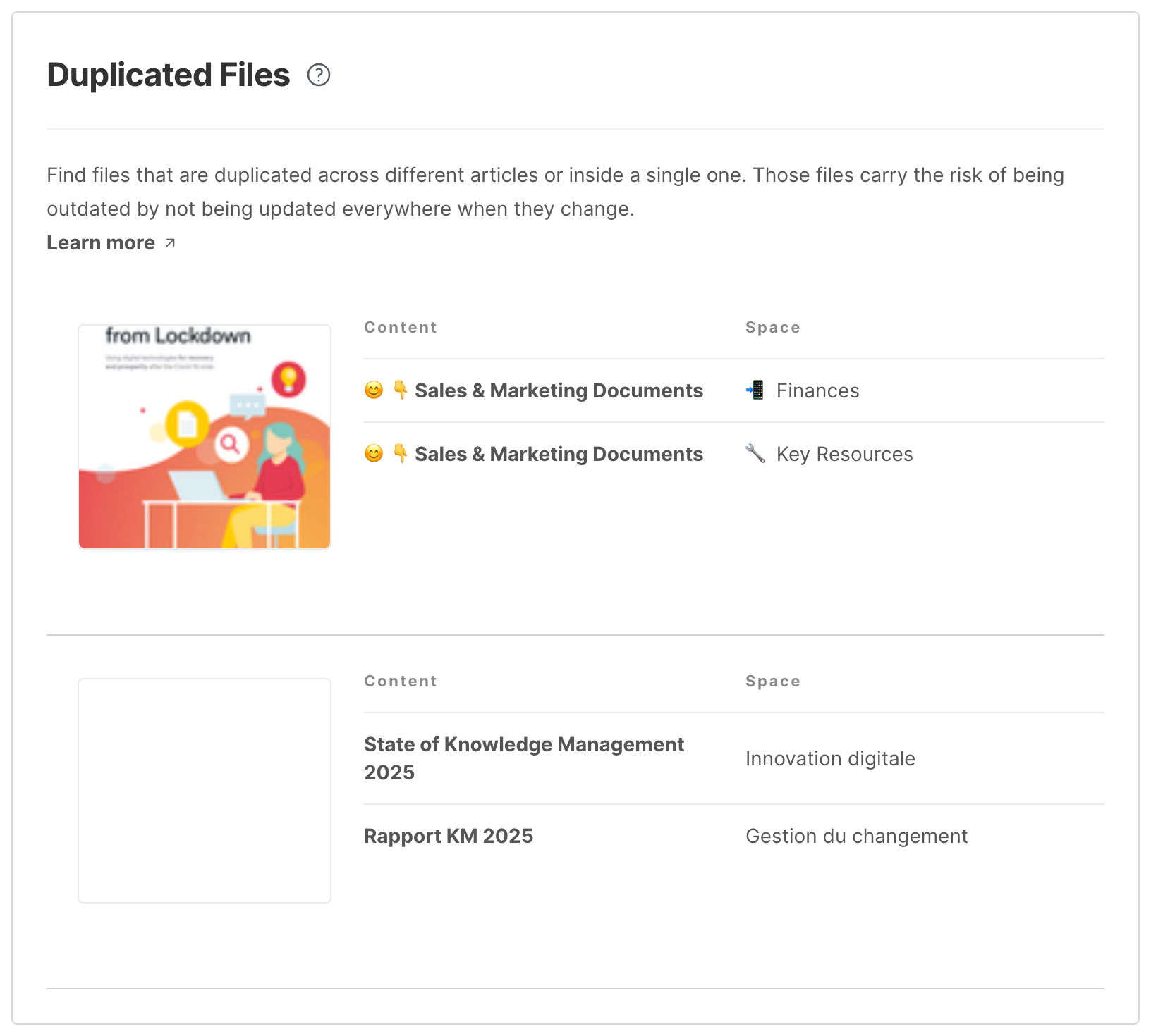 The Duplicated Files page, with two files and the articles that contain them